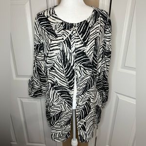 Cynthia Rowley 1X 100% Linen Tunic Blouse Palm Print Black Cream Button Up Top